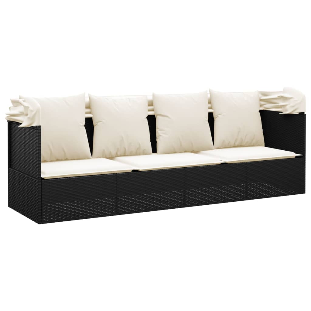 Loungebed met luifel en kussens poly rattan zwart