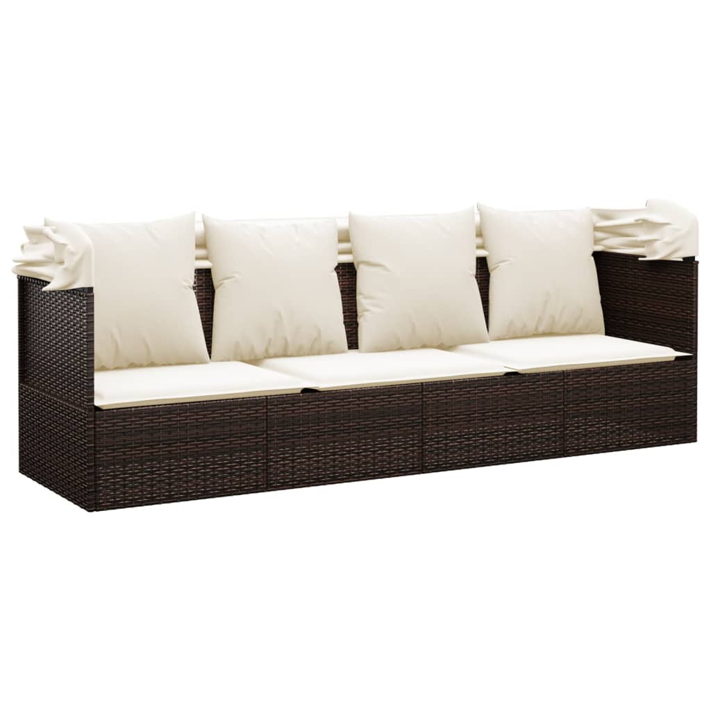 Loungebed met luifel en kussens poly rattan bruin