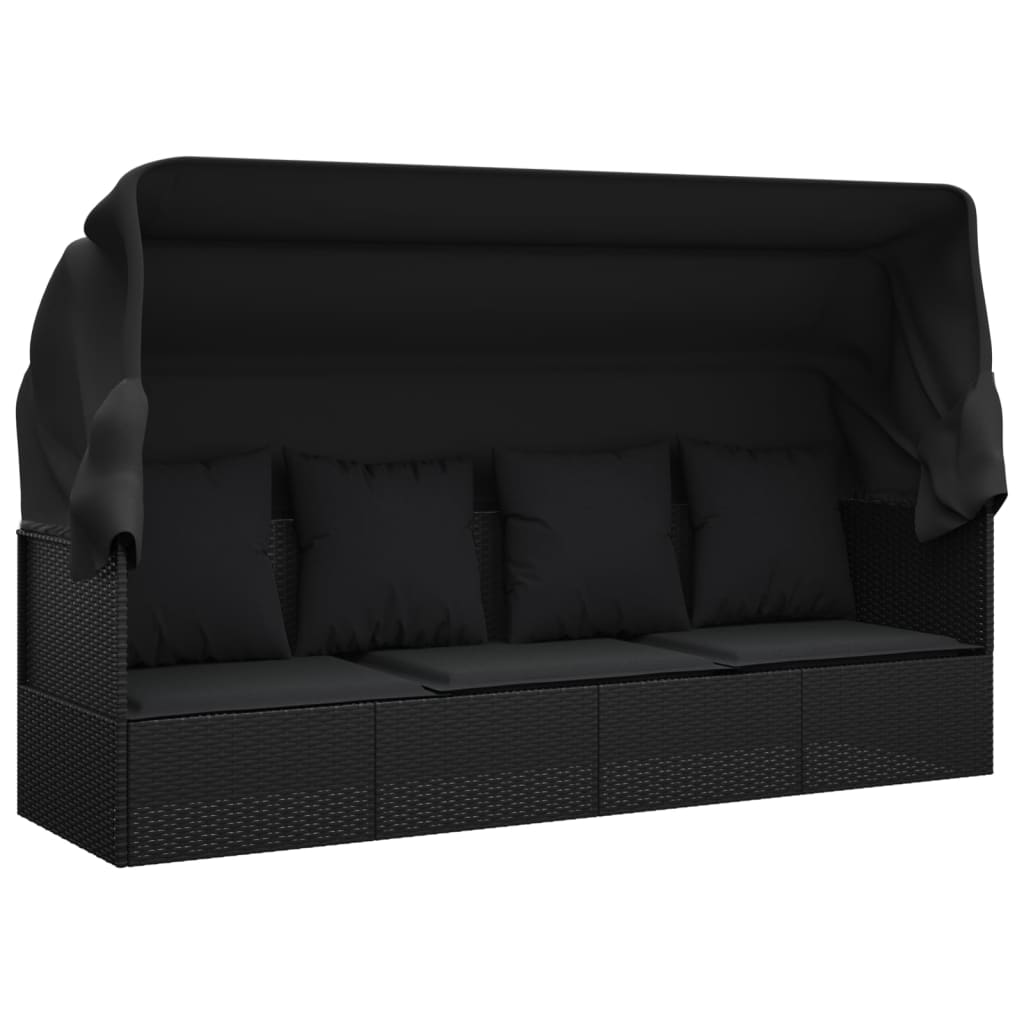 Loungebed met luifel en kussens poly rattan zwart