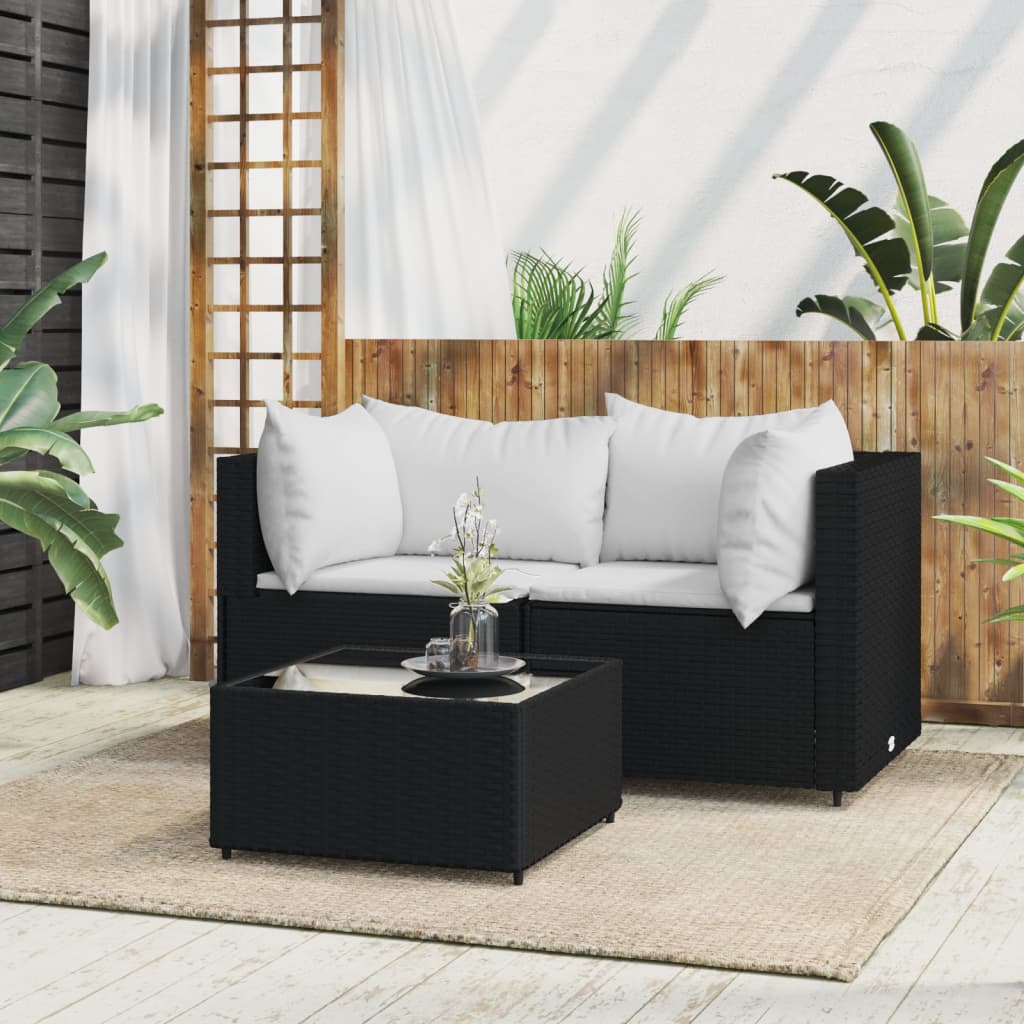 3-Delige Loungeset Met Kussens Poly Rattan Zwart 1 Zwart en wit 2x hoek + Tafel