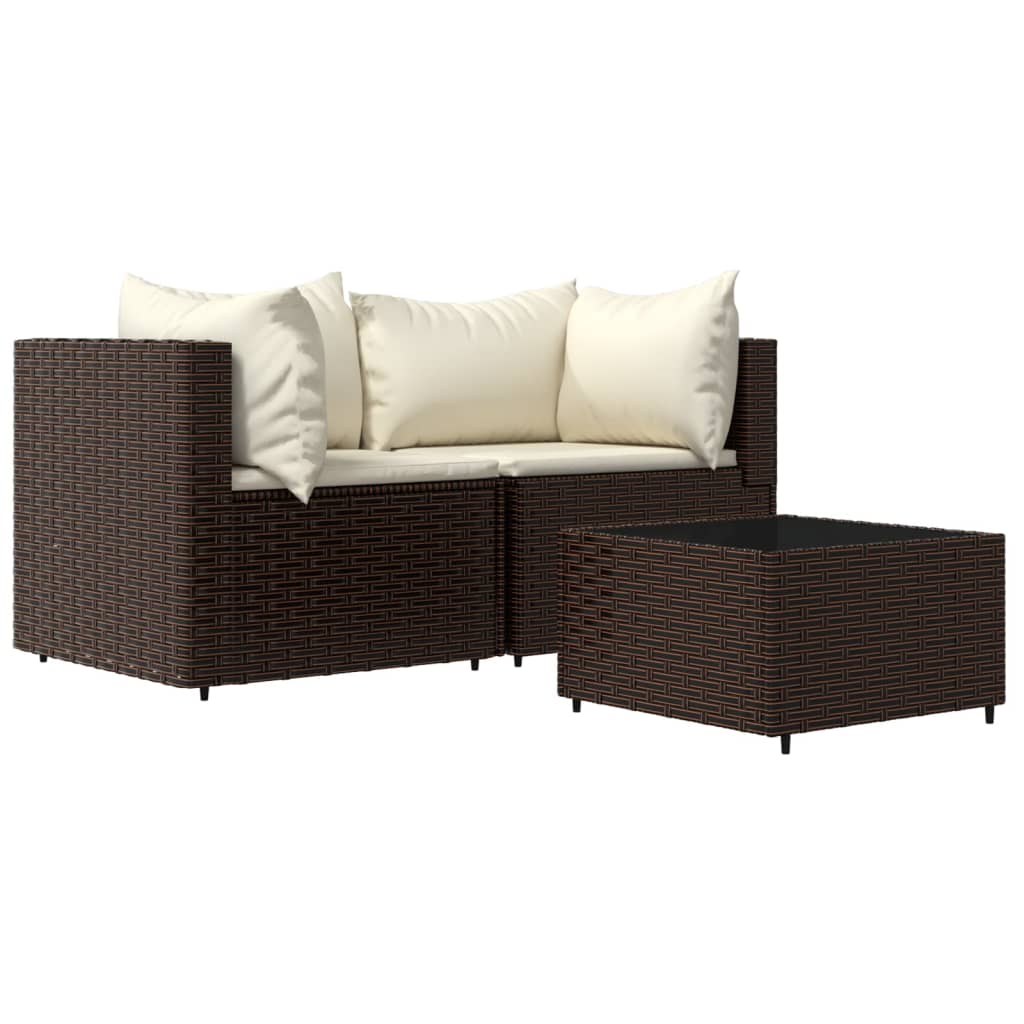 3-Delige Loungeset Met Kussens Poly Rattan Bruin 1 2x hoek + Tafel