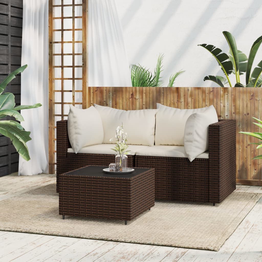 3-Delige Loungeset Met Kussens Poly Rattan Bruin 1 2x hoek + Tafel