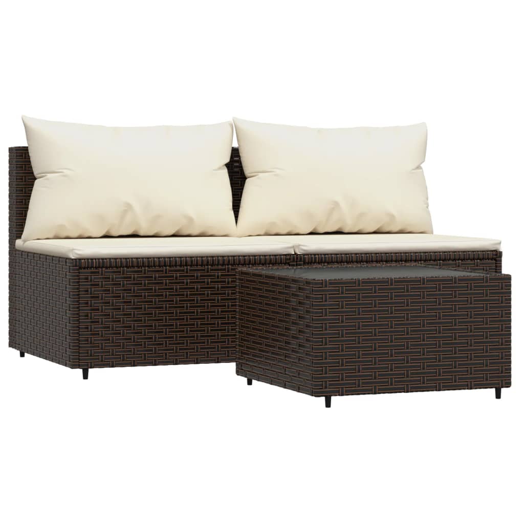 3-Delige Loungeset Met Kussens Poly Rattan Bruin 1 2x midden + Tafel