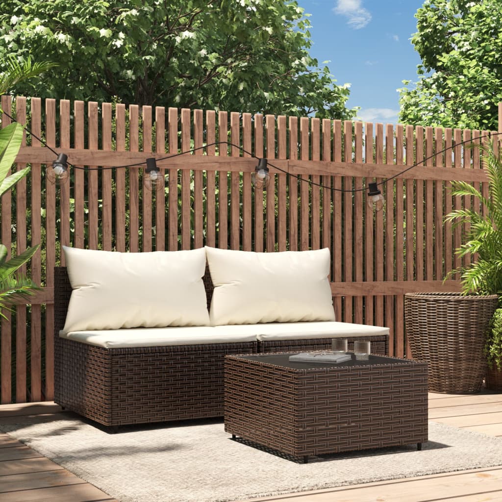 3-Delige Loungeset Met Kussens Poly Rattan Bruin 1 2x midden + Tafel