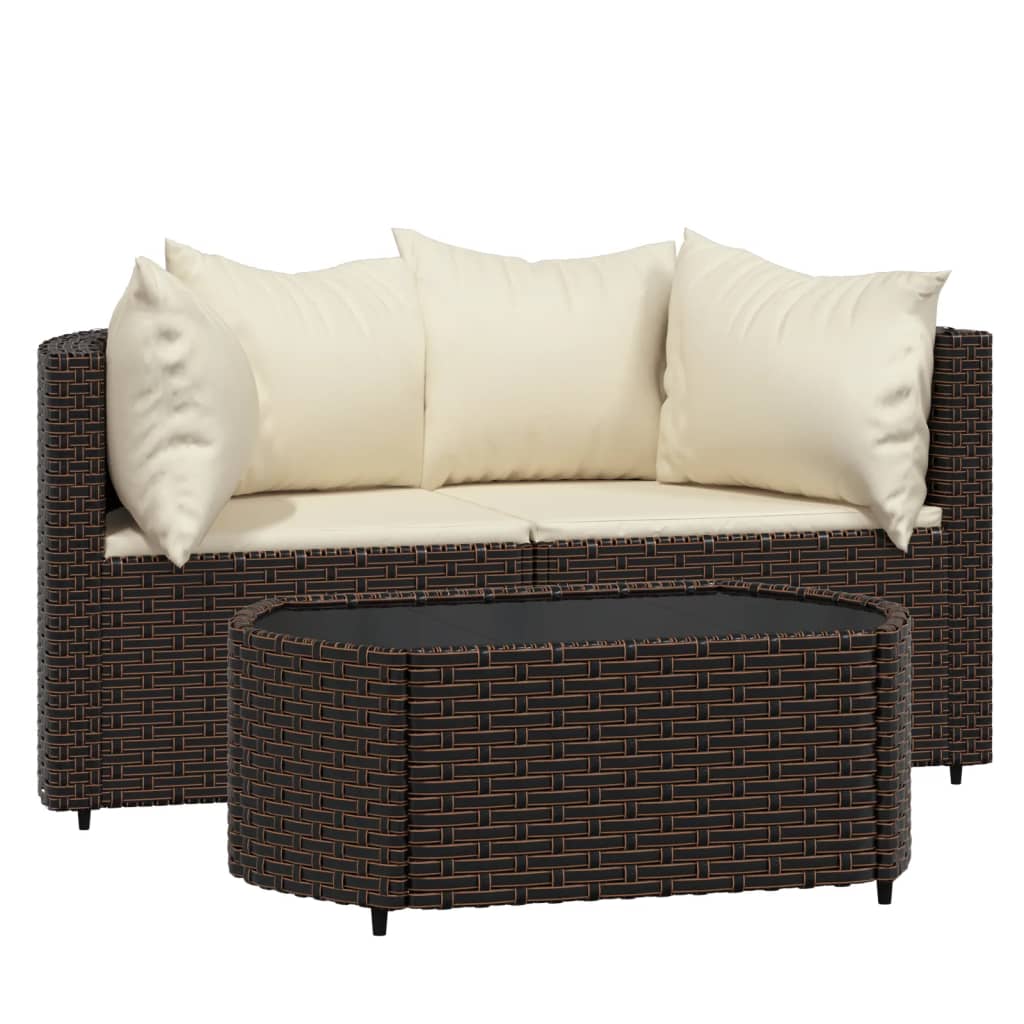 3-Delige Loungeset Met Kussens Poly Rattan Bruin 1 2x hoek + Tafel