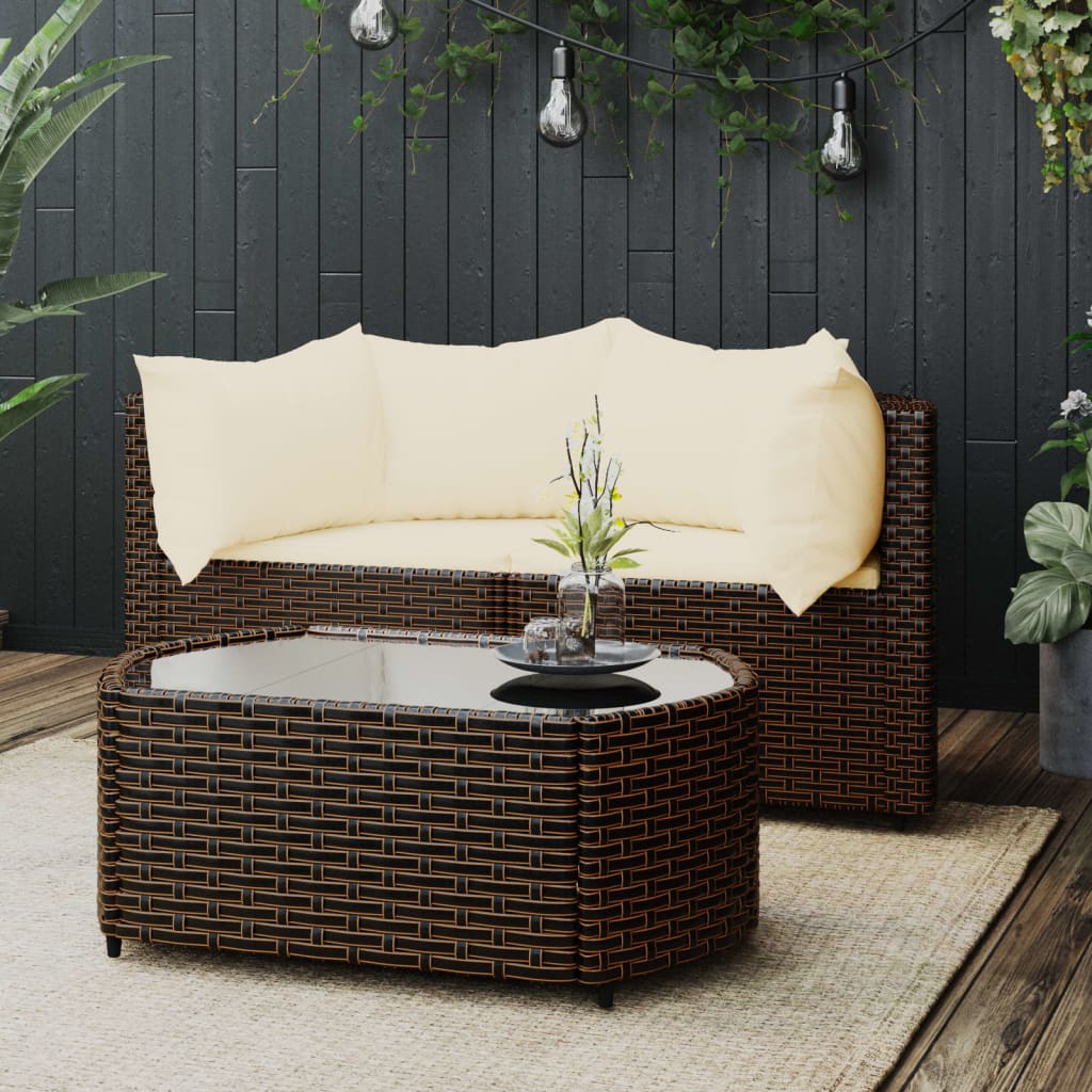 3-Delige Loungeset Met Kussens Poly Rattan Bruin 1 2x hoek + Tafel