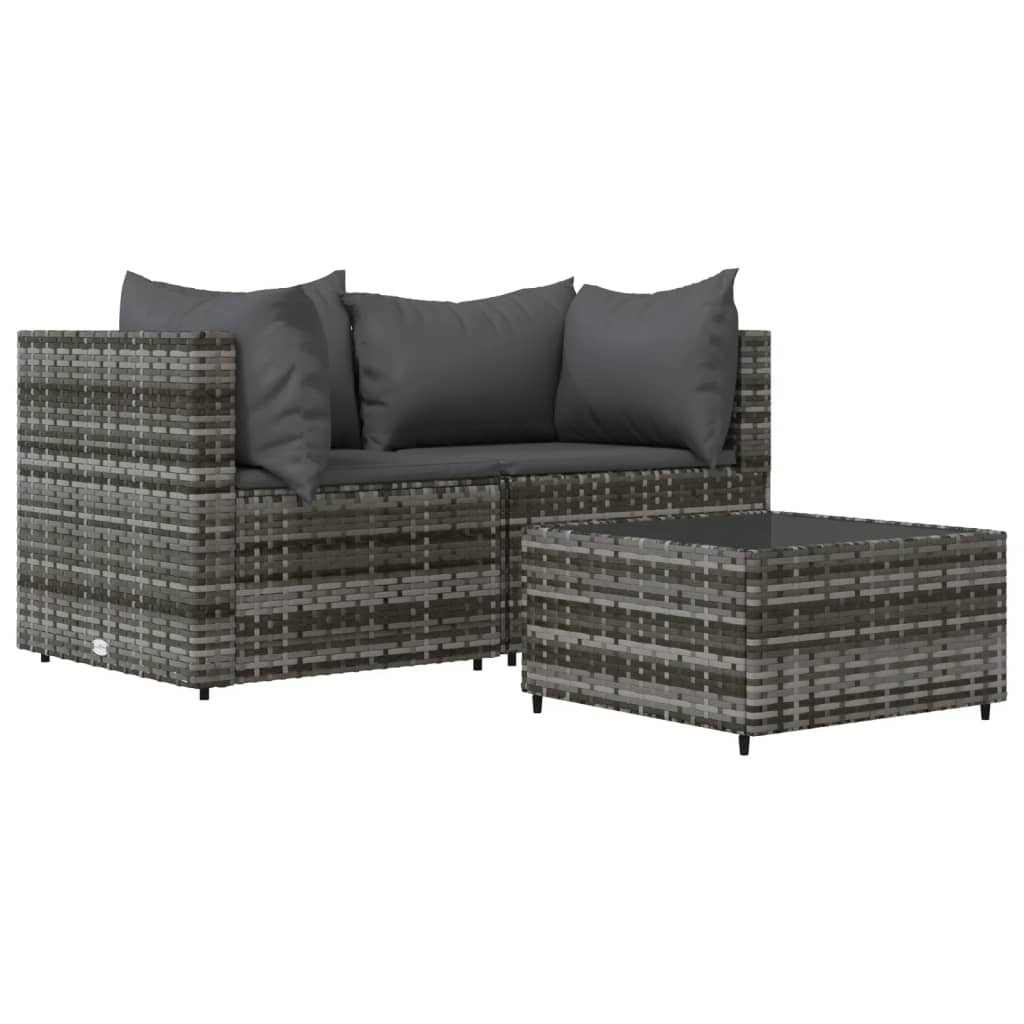 3-Delige Loungeset Met Kussens Poly Rattan Grijs 1 2x hoek + Tafel