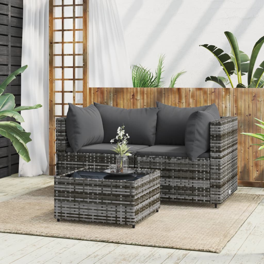 3-Delige Loungeset Met Kussens Poly Rattan Grijs 1 2x hoek + Tafel