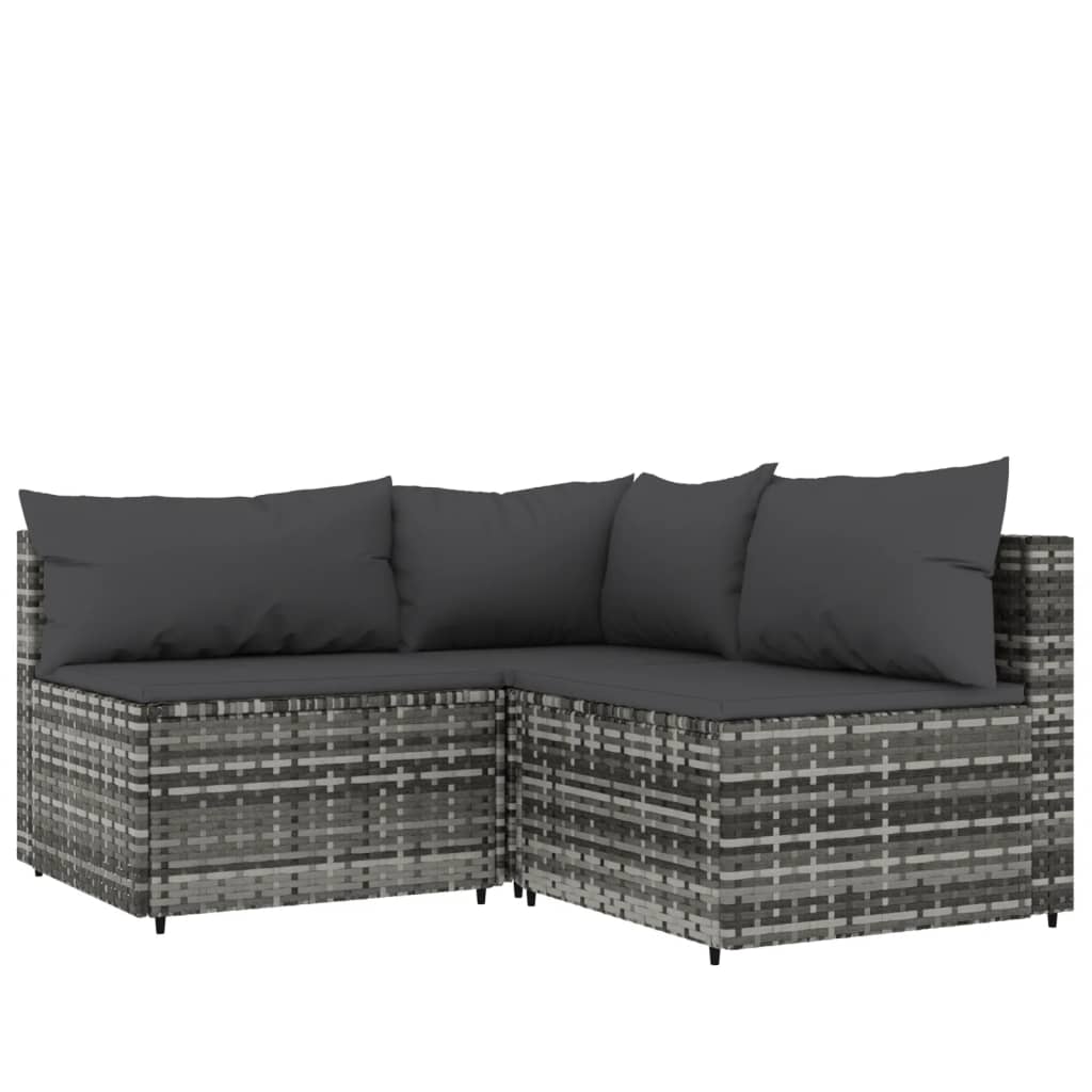 3-Delige Loungeset Met Kussens Poly Rattan Grijs 1 hoek + 2x midden