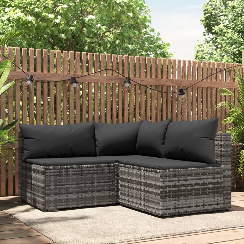 3-Delige Loungeset Met Kussens Poly Rattan Grijs 1 hoek + 2x midden