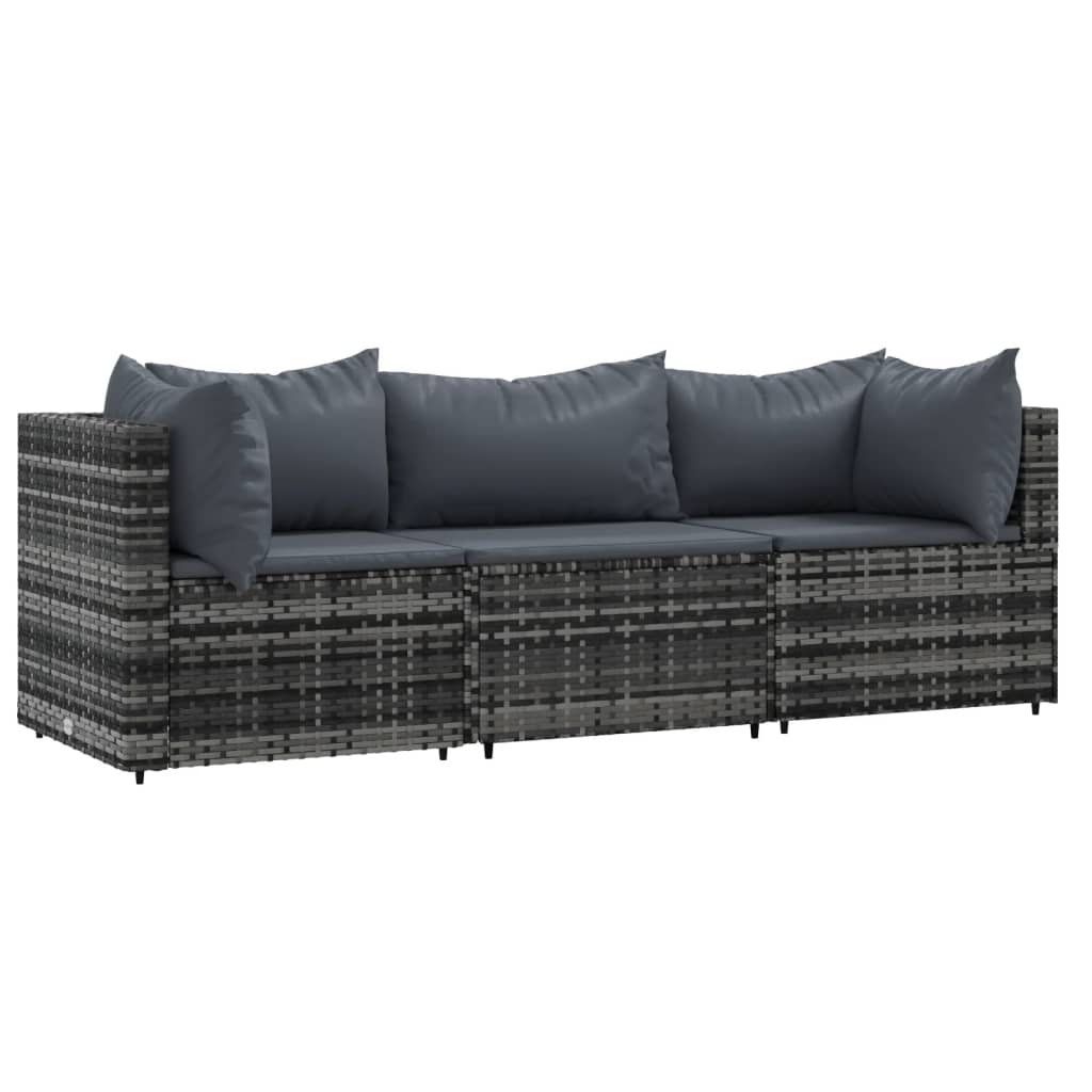 3-Delige Loungeset Met Kussens Poly Rattan Grijs 1 2x hoek + midden