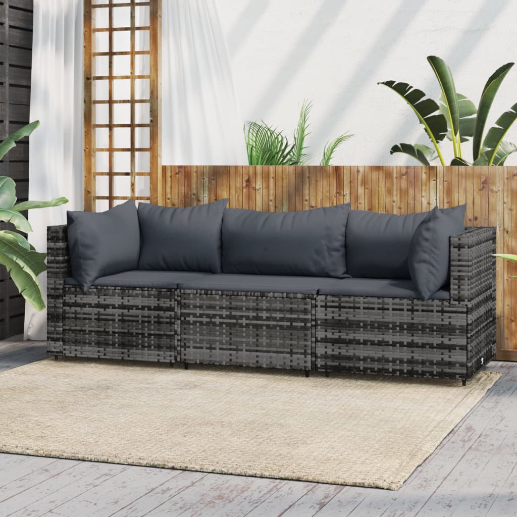 3-Delige Loungeset Met Kussens Poly Rattan Grijs 1 2x hoek + midden