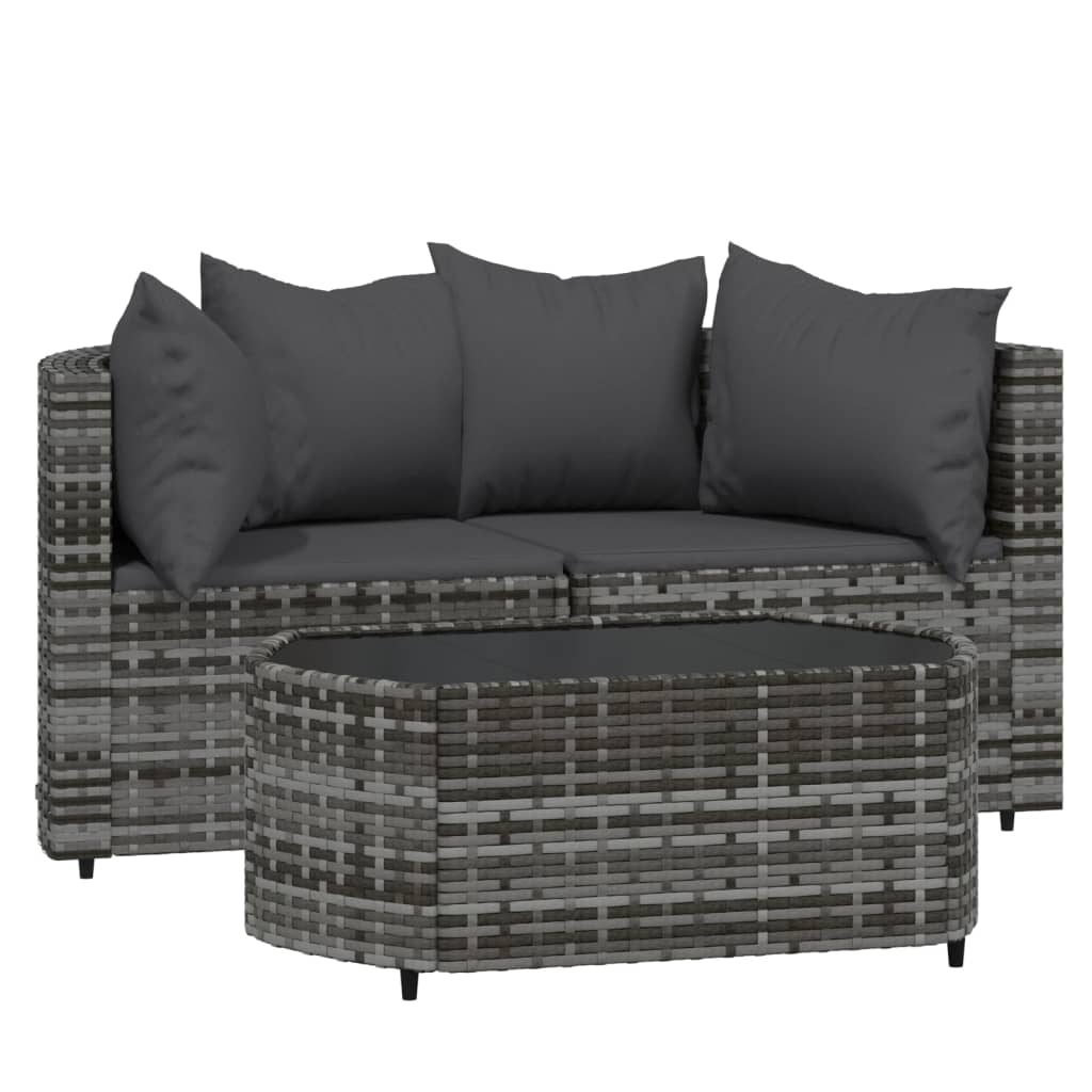 3-Delige Loungeset Met Kussens Poly Rattan Grijs 1 2x hoek + Tafel