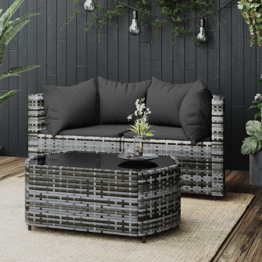 3-Delige Loungeset Met Kussens Poly Rattan Grijs 1 2x hoek + Tafel