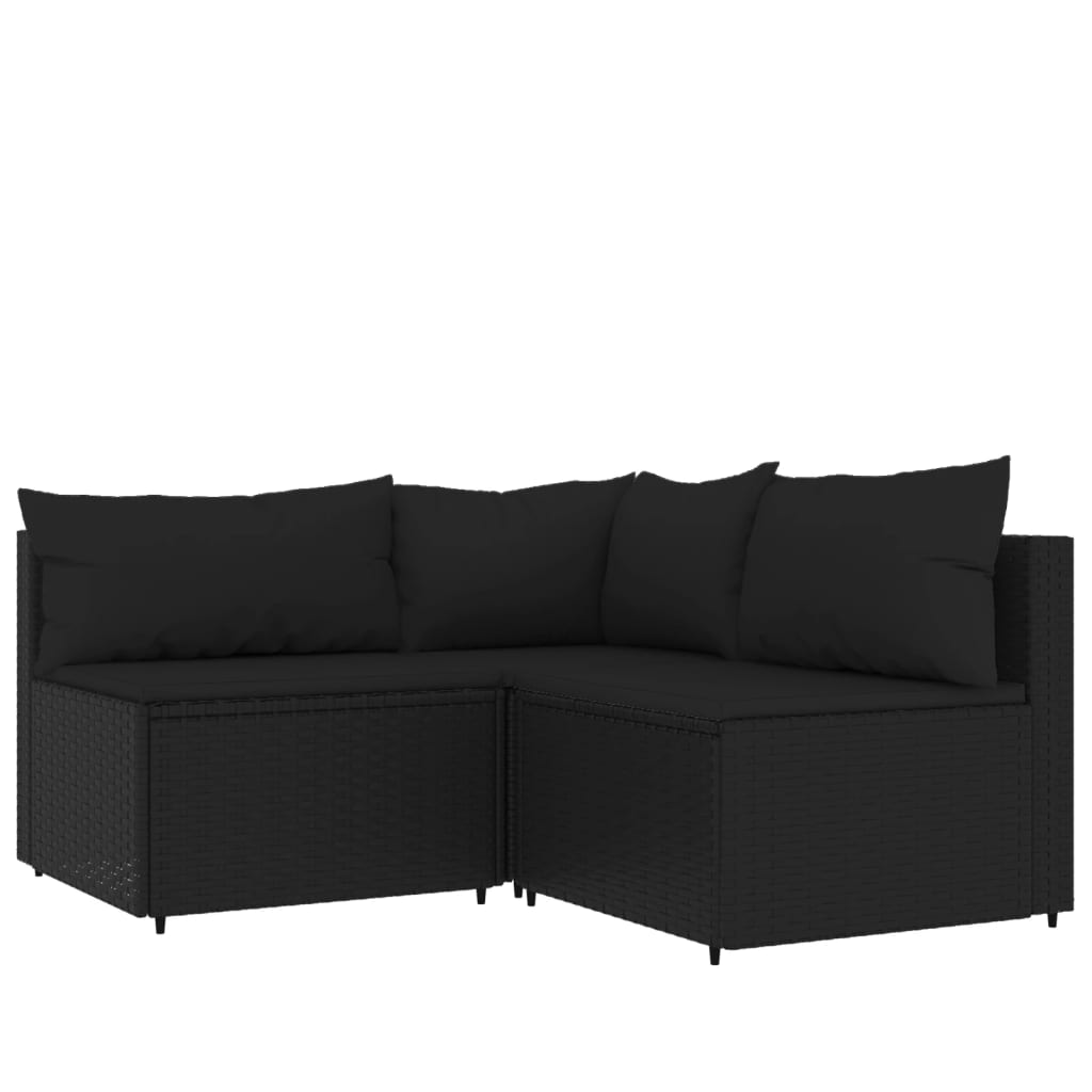 3-Delige Loungeset Met Kussens Poly Rattan Zwart 1 hoek + 2x midden