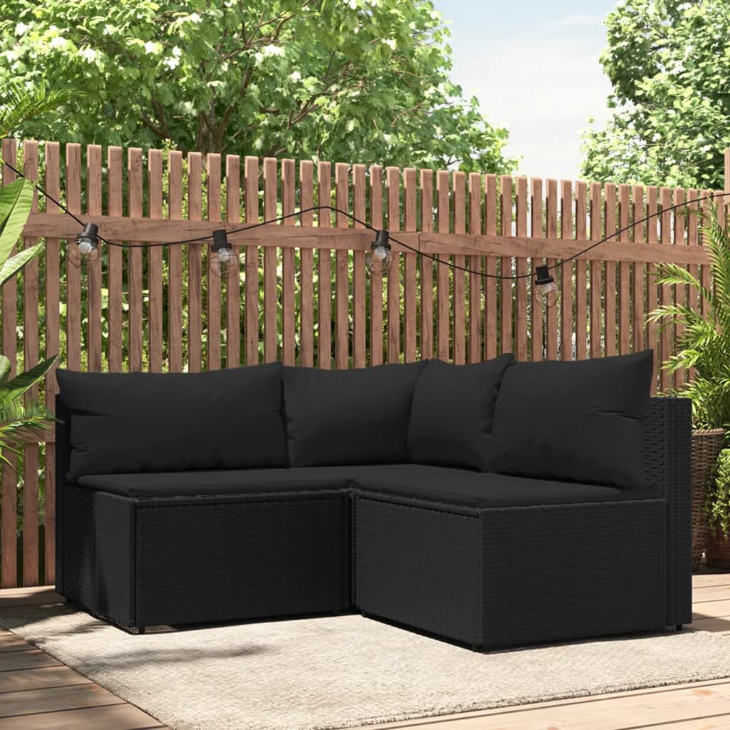 3-Delige Loungeset Met Kussens Poly Rattan Zwart 1 hoek + 2x midden