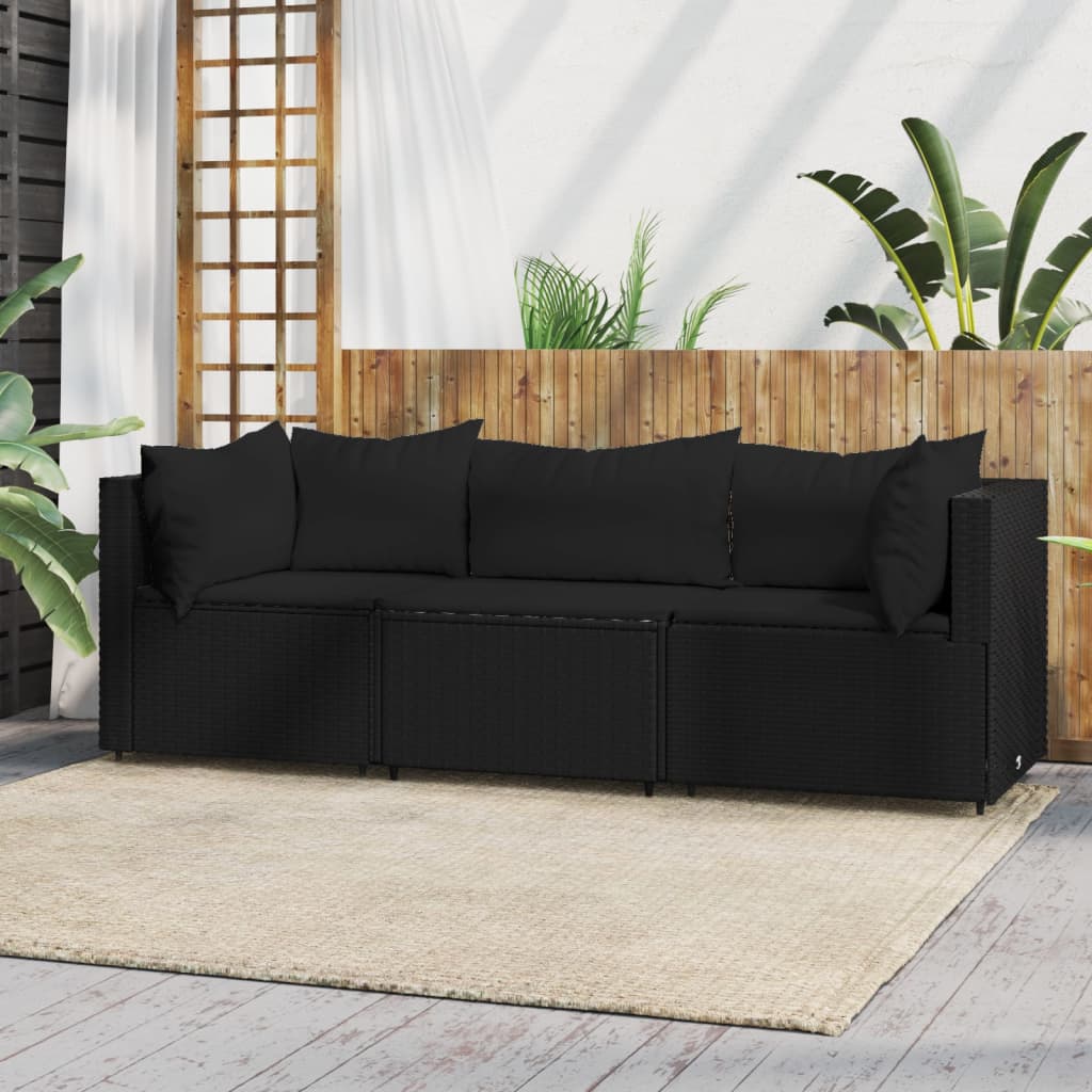 3-Delige Loungeset Met Kussens Poly Rattan Zwart 1 2x hoek + midden