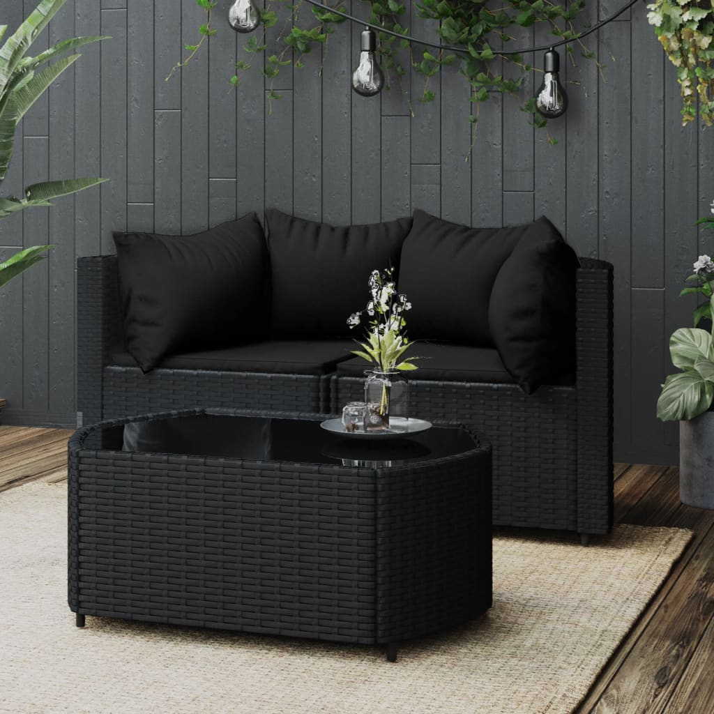 3-Delige Loungeset Met Kussens Poly Rattan Zwart 1 2x hoek + Tafel