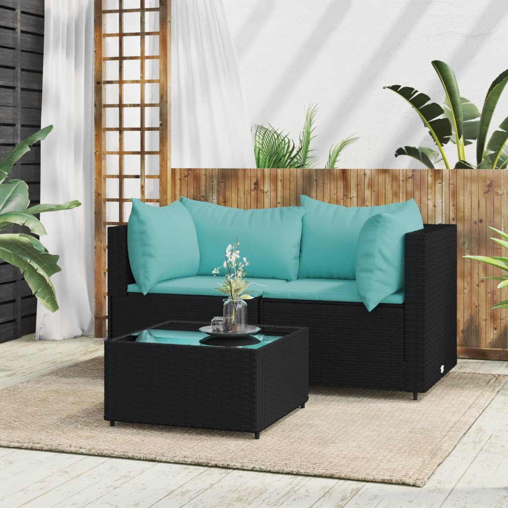 3-Delige Loungeset Met Kussens Poly Rattan Zwart 1 Zwart en blauw 2x hoek + Tafel