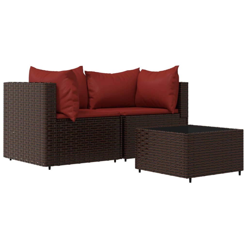 3-Delige Loungeset Met Kussens Poly Rattan Bruin 1 Bruin en rood 2x hoek + Tafel