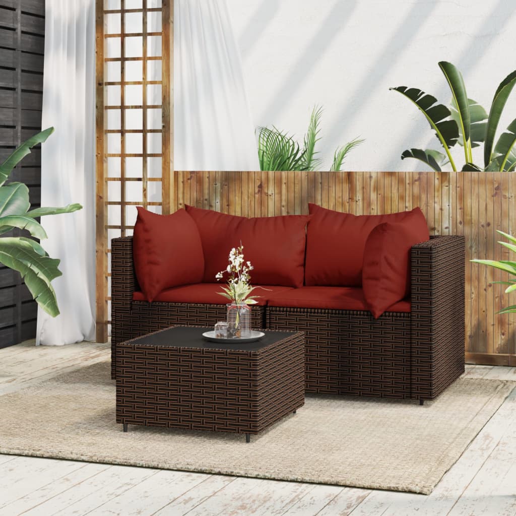 3-Delige Loungeset Met Kussens Poly Rattan Bruin 1 Bruin en rood 2x hoek + Tafel