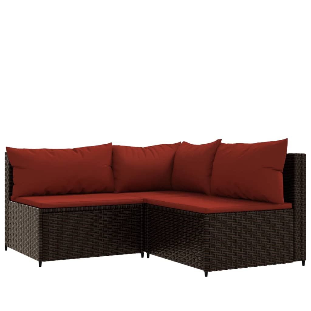 3-Delige Loungeset Met Kussens Poly Rattan Bruin 1 Bruin en rood hoek + 2x midden