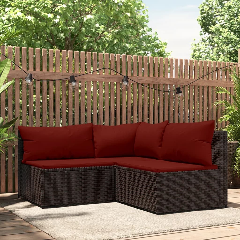 3-Delige Loungeset Met Kussens Poly Rattan Bruin 1 Bruin en rood hoek + 2x midden