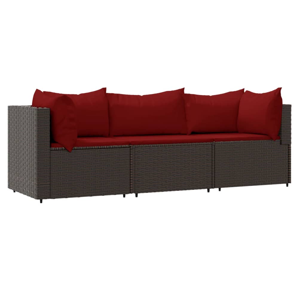 3-Delige Loungeset Met Kussens Poly Rattan Bruin 1 Bruin en rood 2x hoek + midden