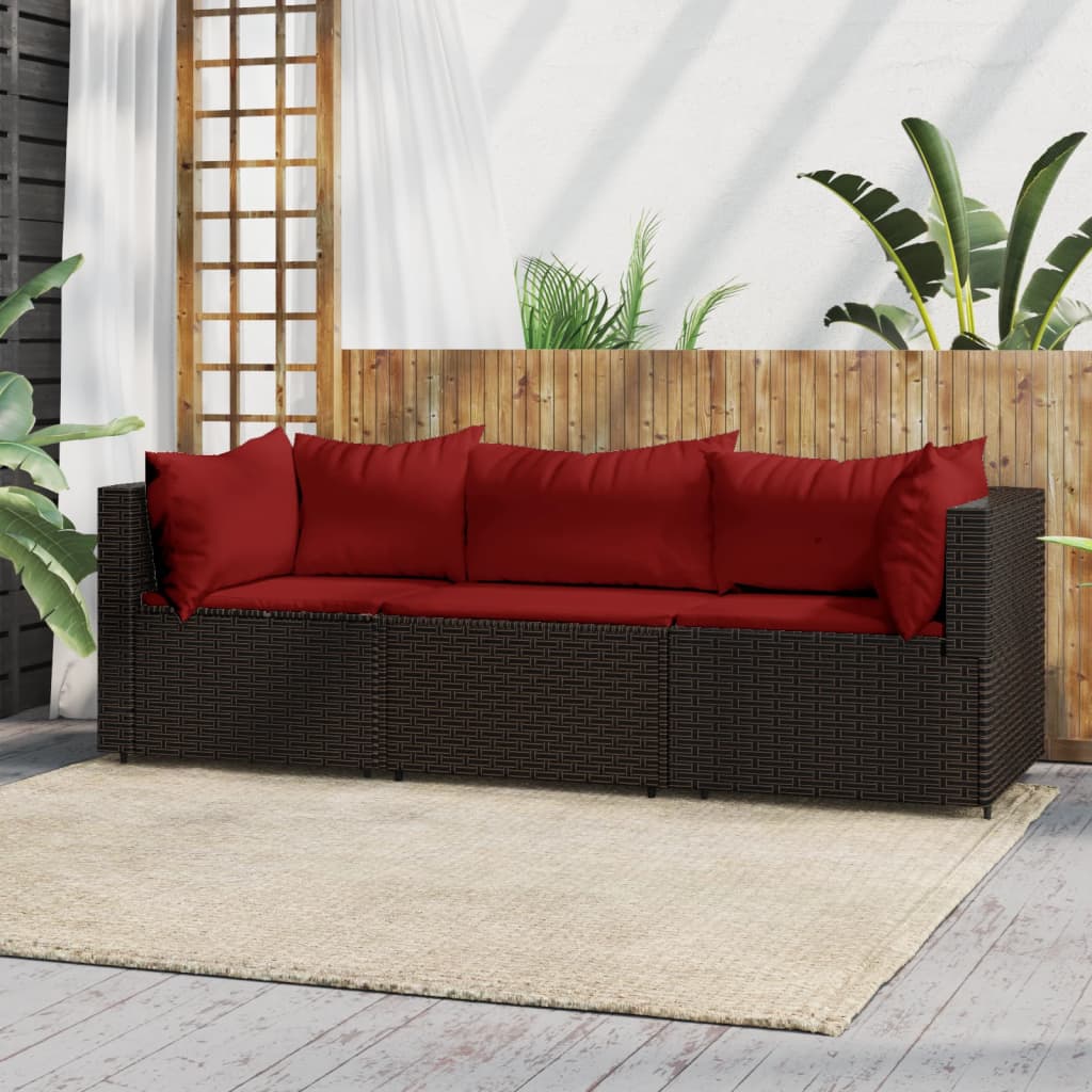 3-Delige Loungeset Met Kussens Poly Rattan Bruin 1 Bruin en rood 2x hoek + midden