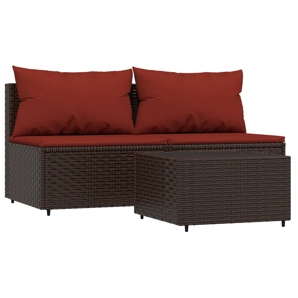 3-Delige Loungeset Met Kussens Poly Rattan Bruin 1 Bruin en rood 2x midden + Tafel