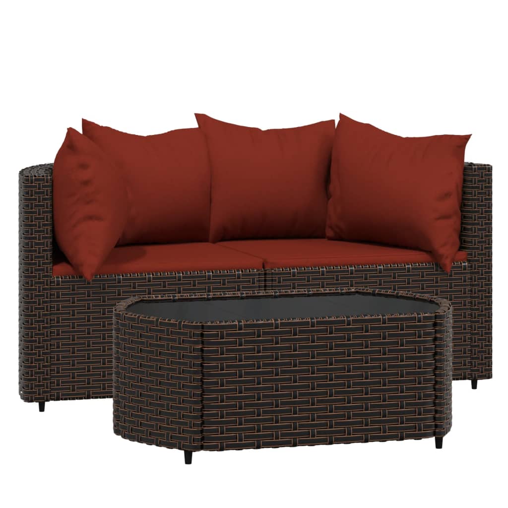 3-Delige Loungeset Met Kussens Poly Rattan Bruin 1 Bruin en rood 2x hoek + Tafel