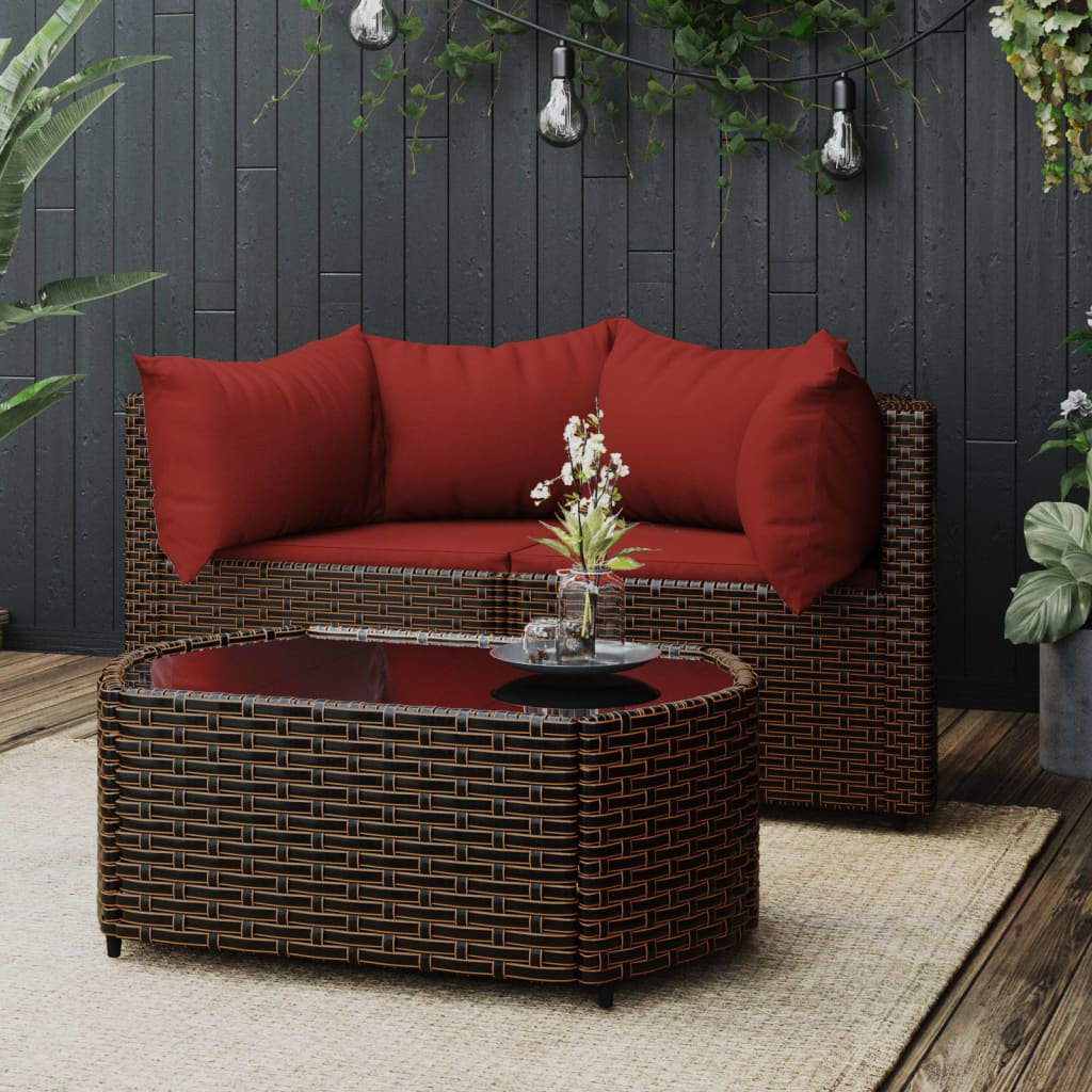 3-Delige Loungeset Met Kussens Poly Rattan Bruin 1 Bruin en rood 2x hoek + Tafel