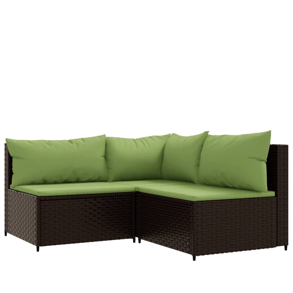 3-Delige Loungeset Met Kussens Poly Rattan Bruin 1 Bruin en groen hoek + 2x midden