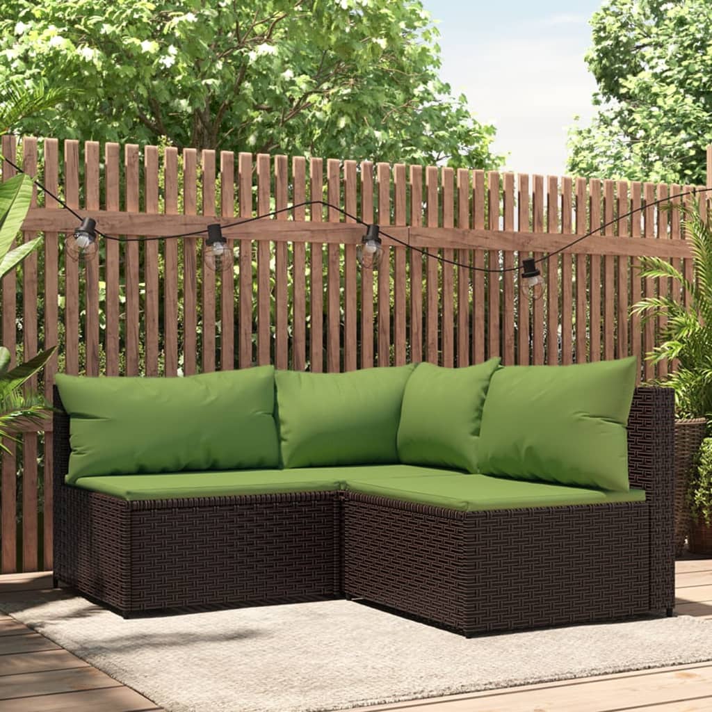 3-Delige Loungeset Met Kussens Poly Rattan Bruin 1 Bruin en groen hoek + 2x midden