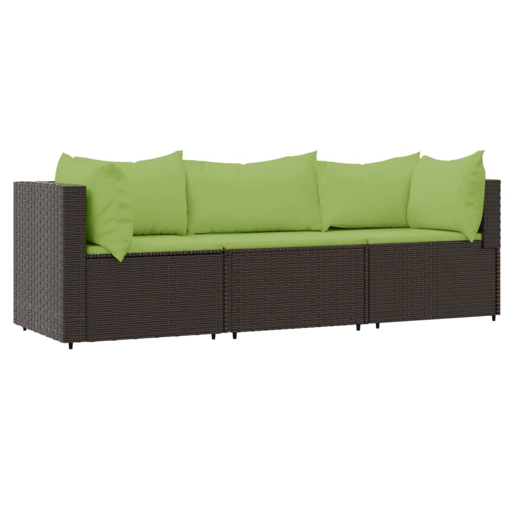 3-Delige Loungeset Met Kussens Poly Rattan Bruin 1 Bruin en groen 2x hoek + midden