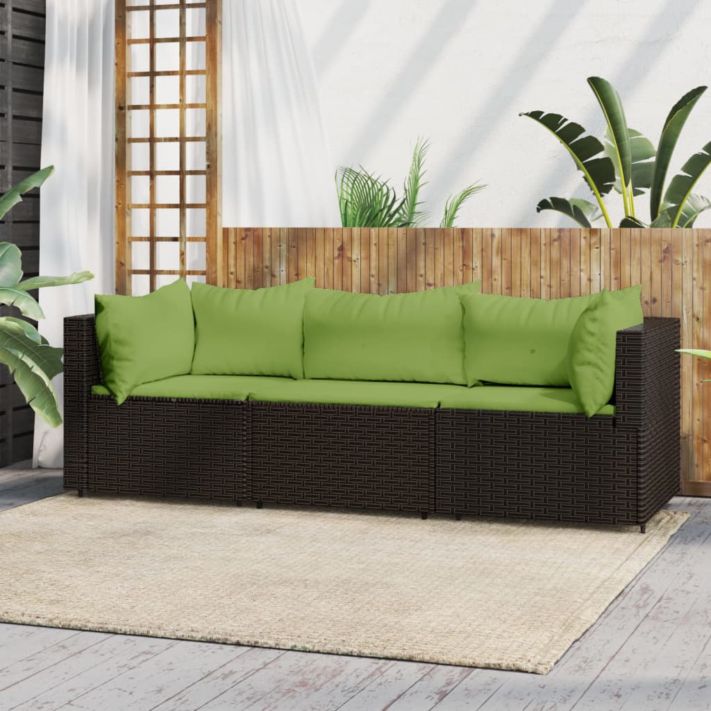 3-Delige Loungeset Met Kussens Poly Rattan Bruin 1 Bruin en groen 2x hoek + midden