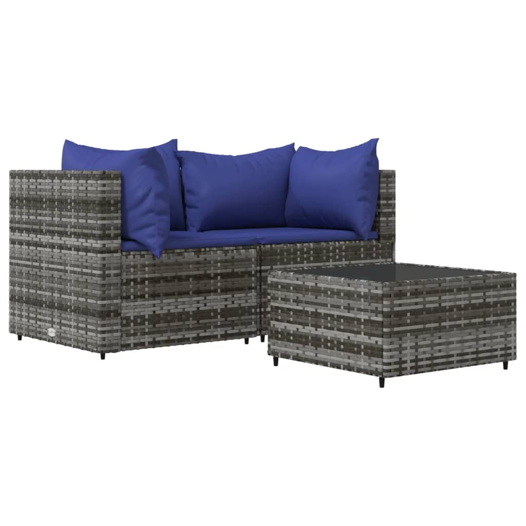 3-Delige Loungeset Met Kussens Poly Rattan Grijs 1 Grijs en blauw 2x hoek + Tafel