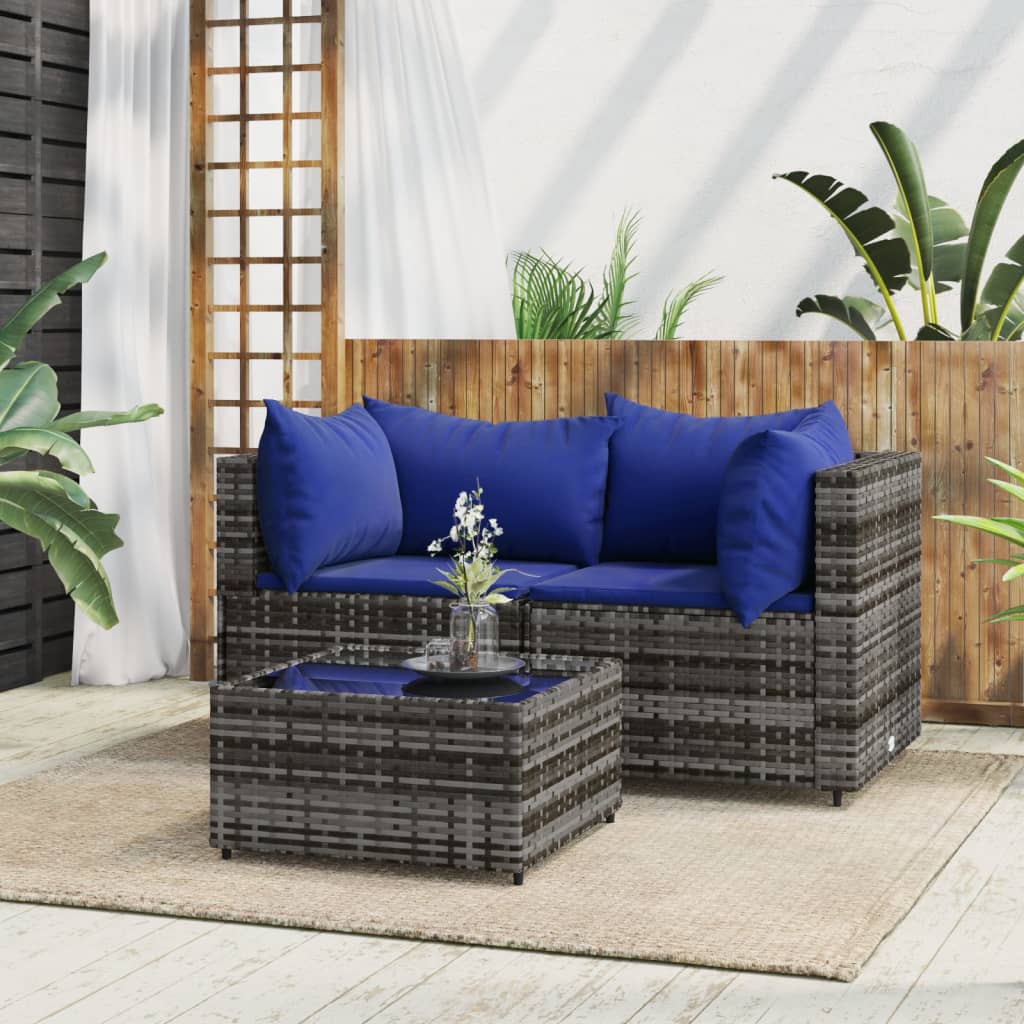 3-Delige Loungeset Met Kussens Poly Rattan Grijs 1 Grijs en blauw 2x hoek + Tafel