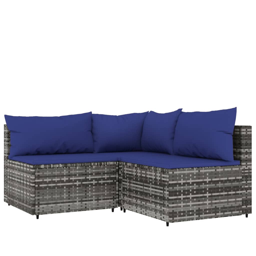 3-Delige Loungeset Met Kussens Poly Rattan Grijs 1 Grijs en blauw hoek + 2x midden