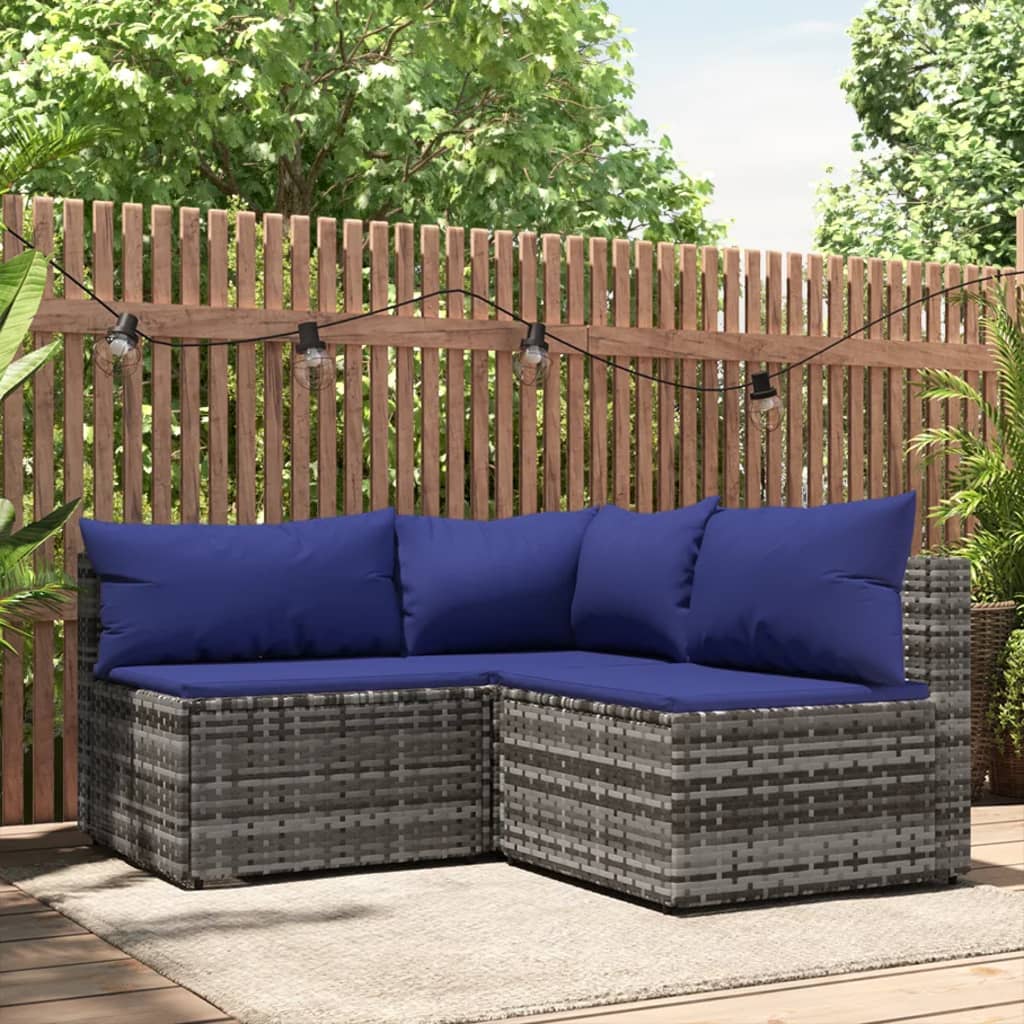 3-Delige Loungeset Met Kussens Poly Rattan Grijs 1 Grijs en blauw hoek + 2x midden