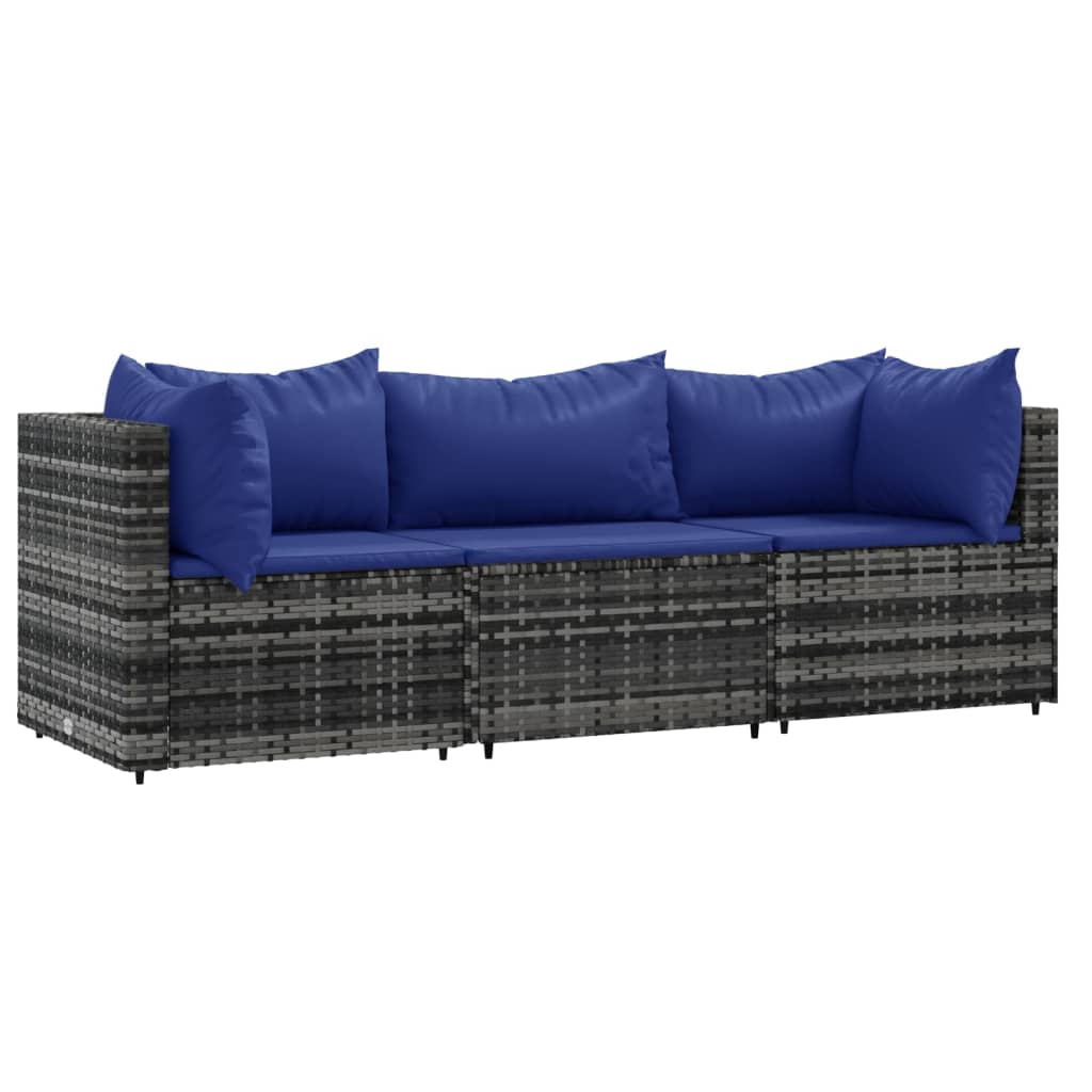 3-Delige Loungeset Met Kussens Poly Rattan Grijs 1 Grijs en blauw 2x hoek + midden