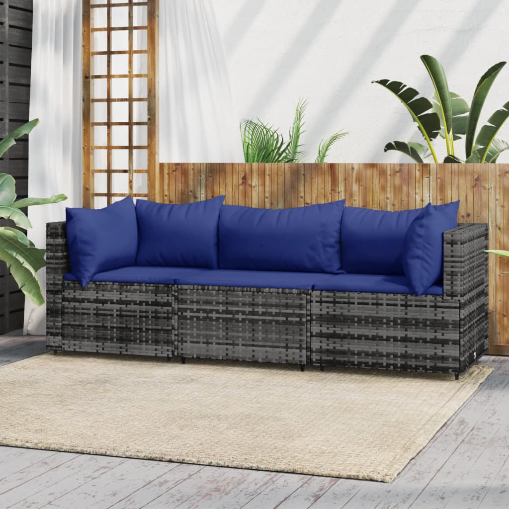 3-Delige Loungeset Met Kussens Poly Rattan Grijs 1 Grijs en blauw 2x hoek + midden