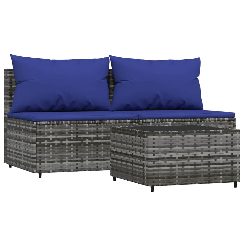 3-Delige Loungeset Met Kussens Poly Rattan Grijs 1 Grijs en blauw 2x midden + Tafel