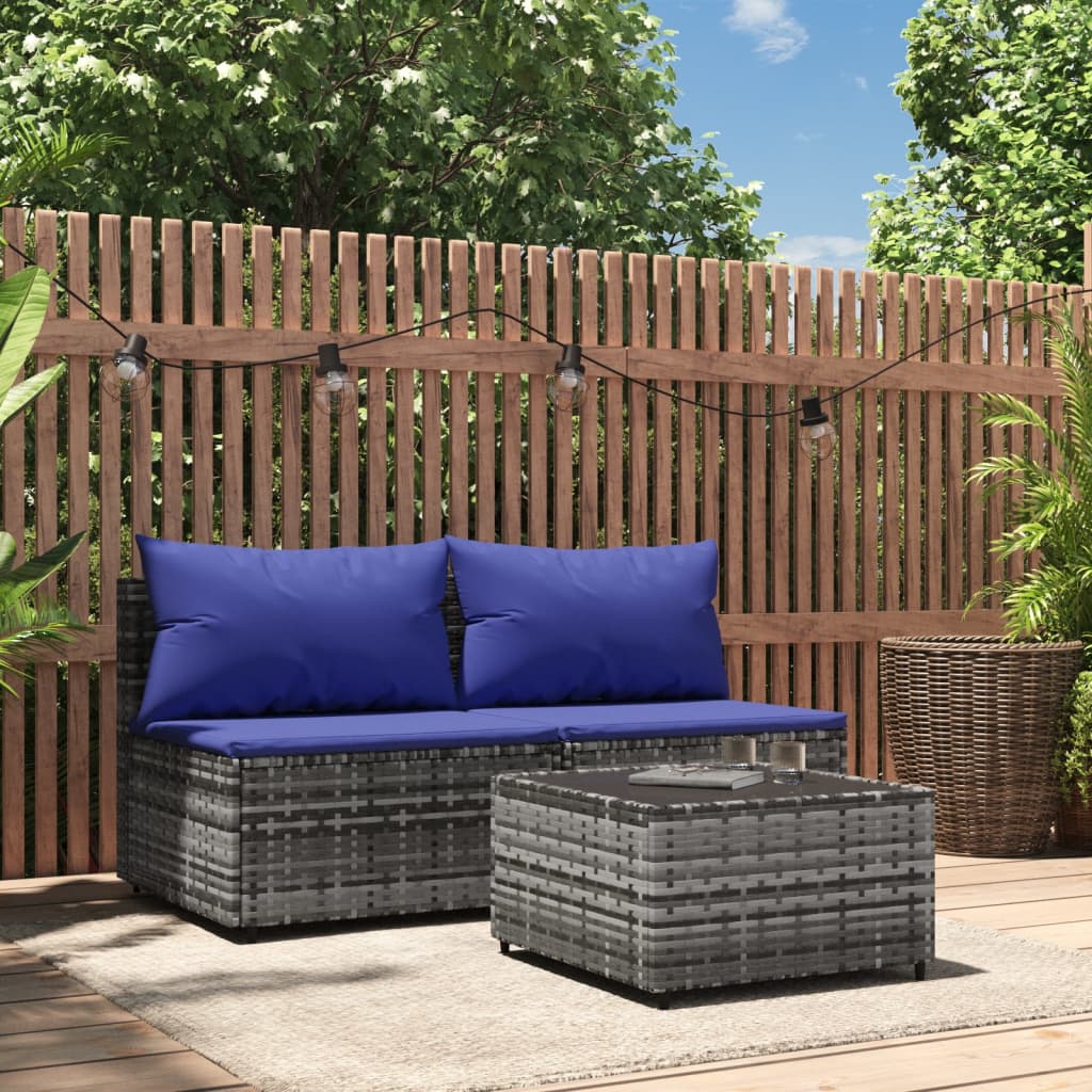 3-Delige Loungeset Met Kussens Poly Rattan Grijs 1 Grijs en blauw 2x midden + Tafel