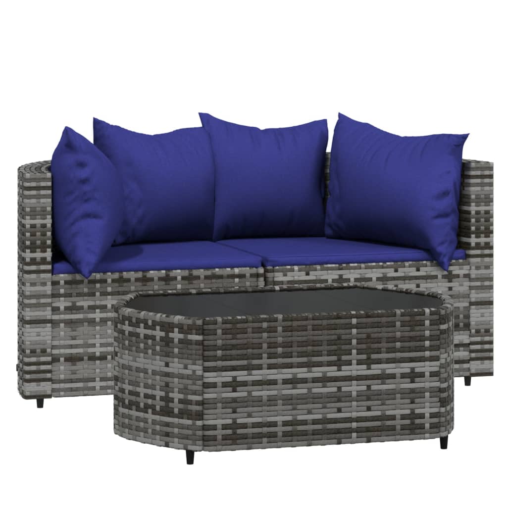 3-Delige Loungeset Met Kussens Poly Rattan Grijs 1 Grijs en blauw 2x hoek + Tafel