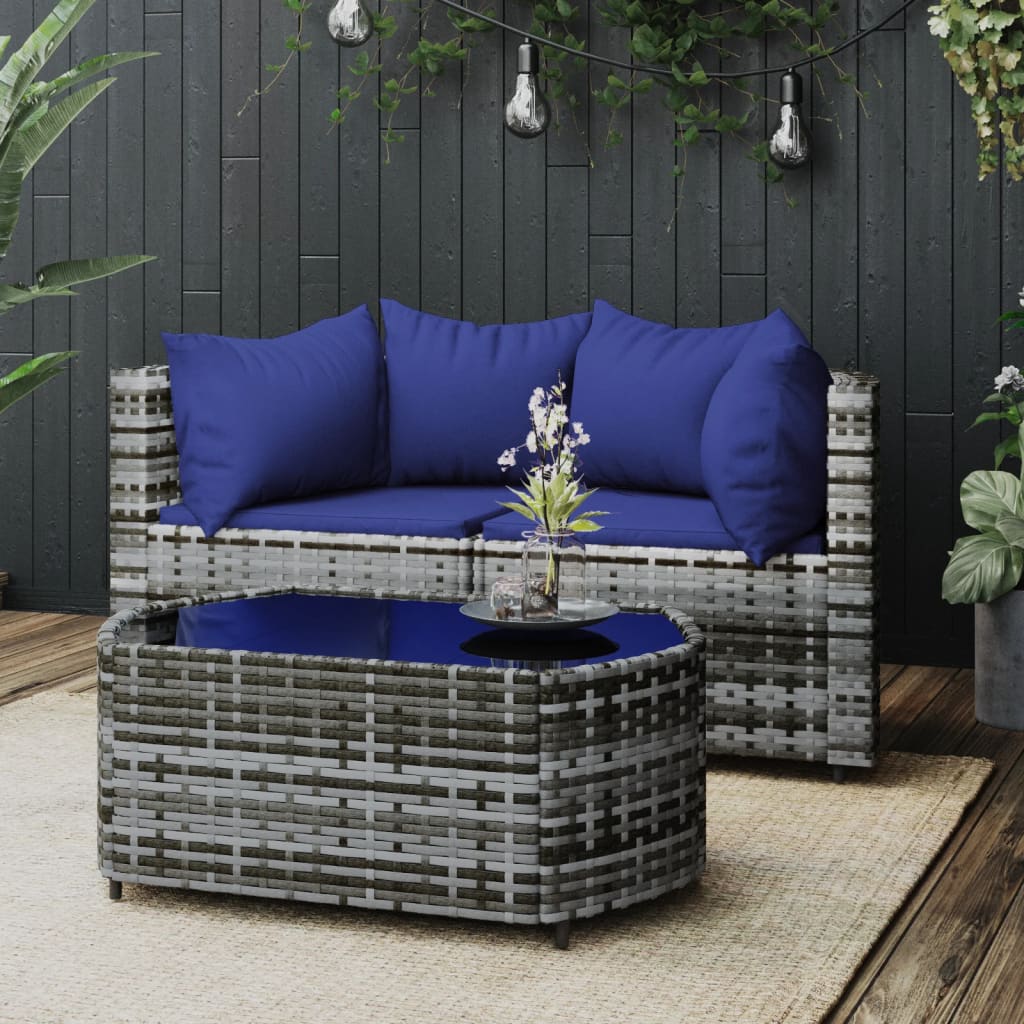 3-Delige Loungeset Met Kussens Poly Rattan Grijs 1 Grijs en blauw 2x hoek + Tafel