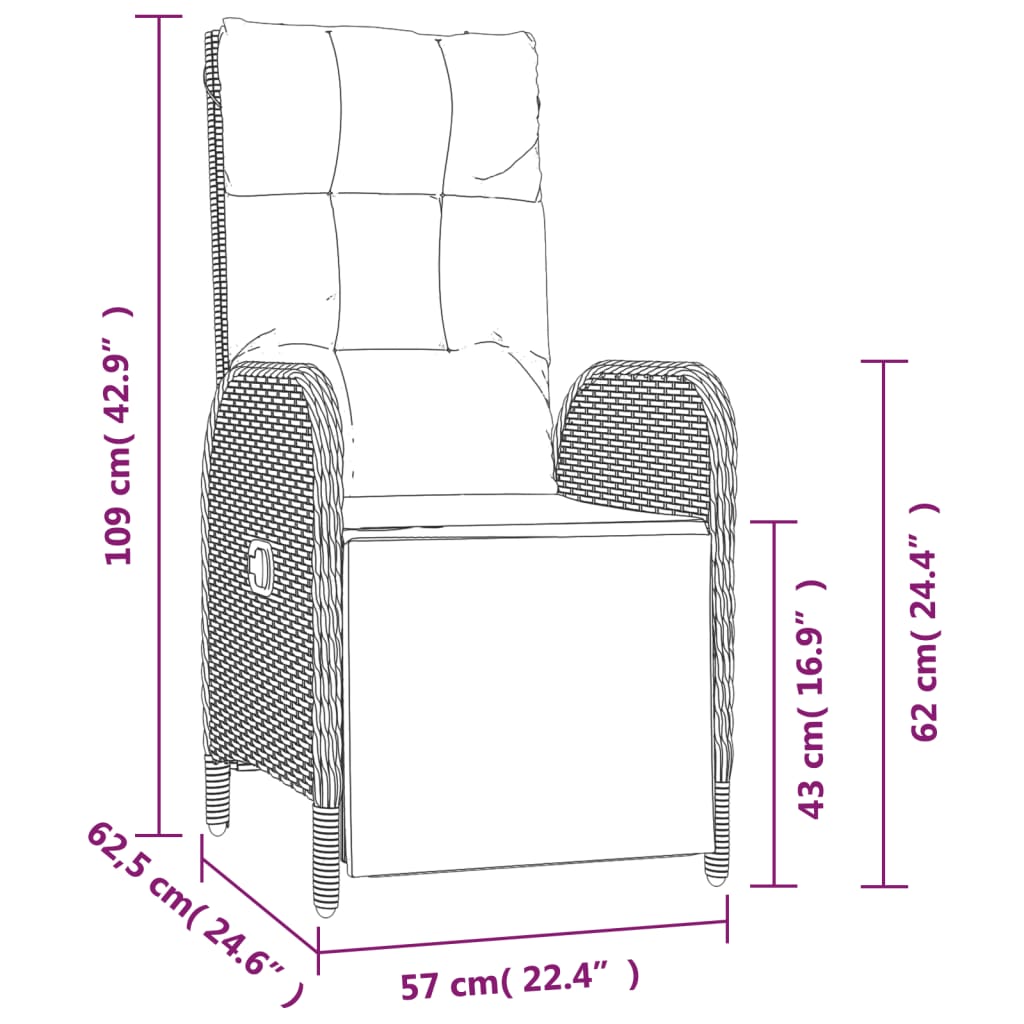 Tuinstoelen 2 st verstelbaar met kussens poly rattan grijs