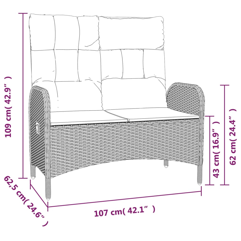 Tuinbank Verstelbaar Met Kussens 107 Cm Poly Rattan Grijs