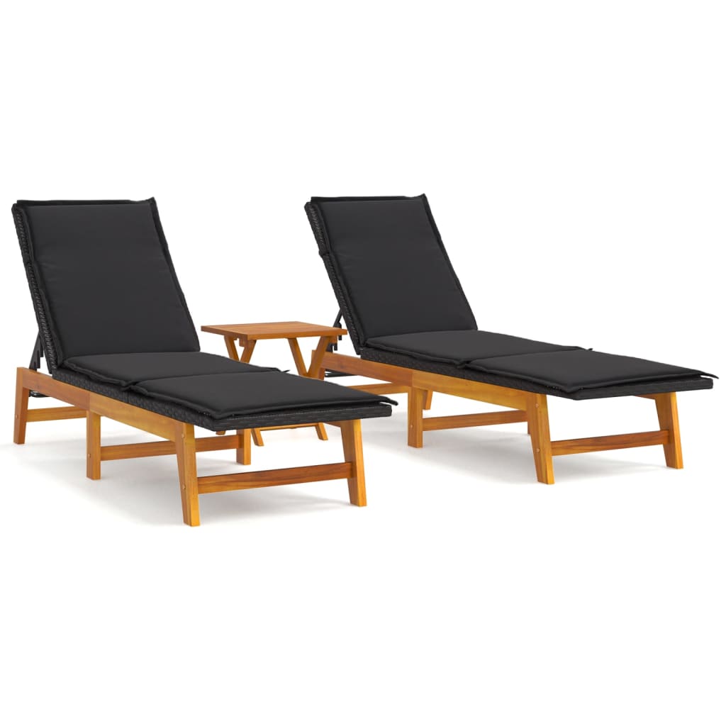 3-Delige Loungeset Poly Rattan En Massief Acaciahout 1 Ja 2x sun lounger +table