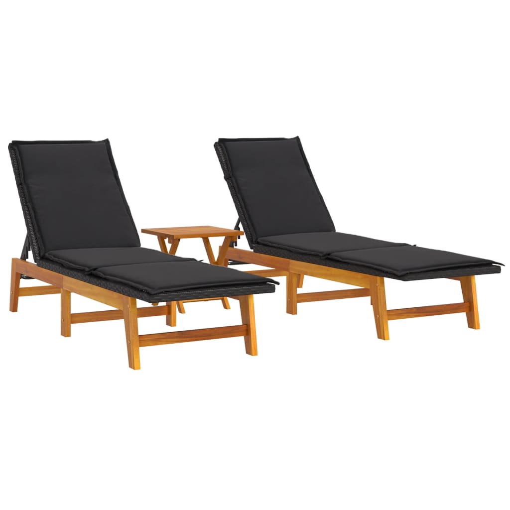 3-Delige Loungeset Poly Rattan En Massief Acaciahout 1 Ja 2x sun lounger +table